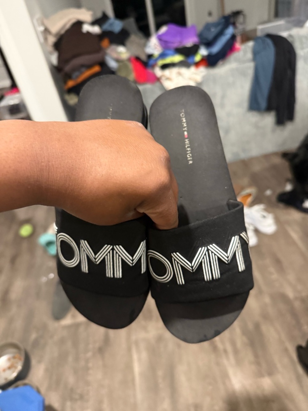 Tommy Hilfiger Black Slides with White Striped Logo